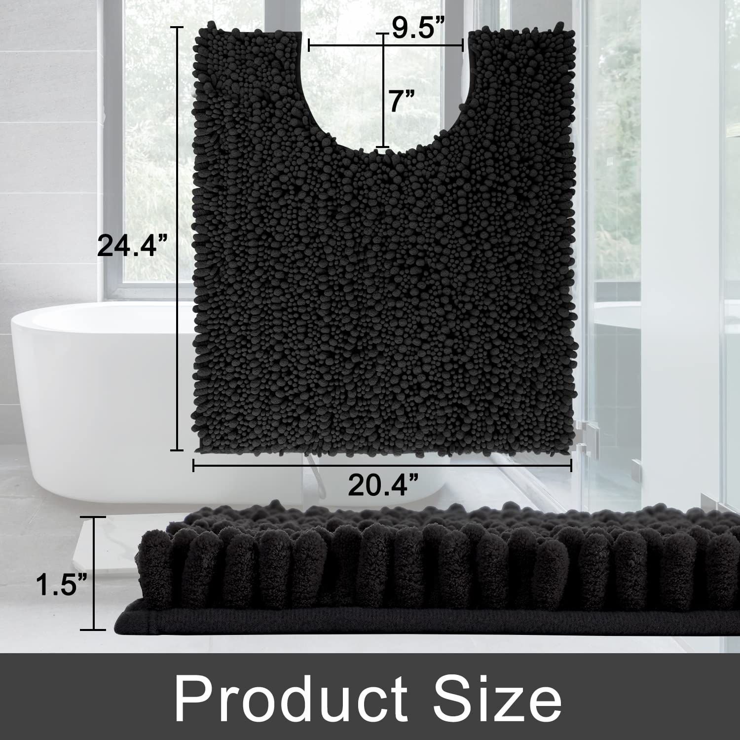 Yimobra Luxury Shaggy Toilet Bath Mat U-Shaped Contour Rugs for Bathroom  24.4 X 20.5 Inches  Soft and Comfortable  Maximum Absorbent  Dry Quickly  Non-Slip  Machine-Washable  Black